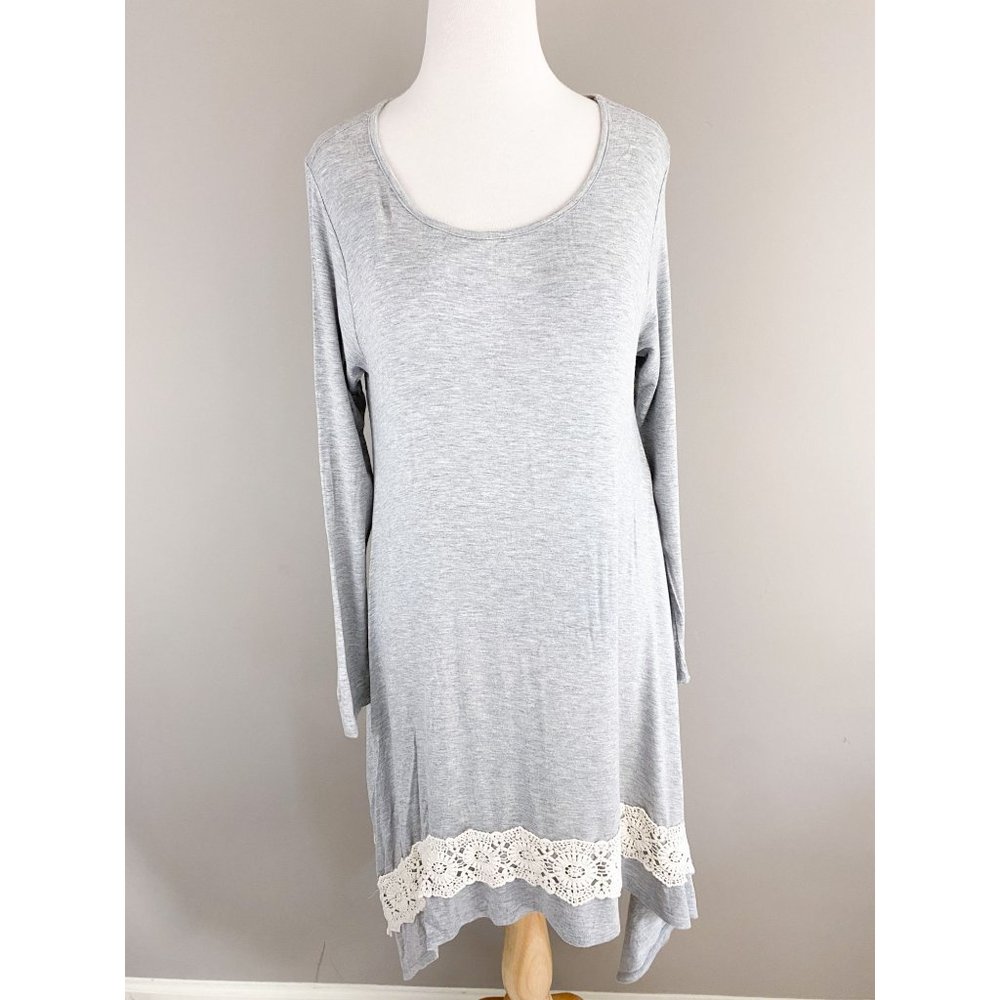 J & M Clothing Co. Gray Long Sleeve Tunic Knit Dress Crochet Hem Small